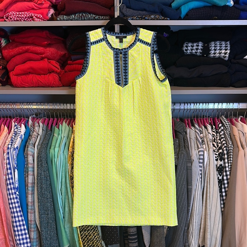 J crew fluorescent yellow/blue print sleeveless front hook/eye closure dress 00
